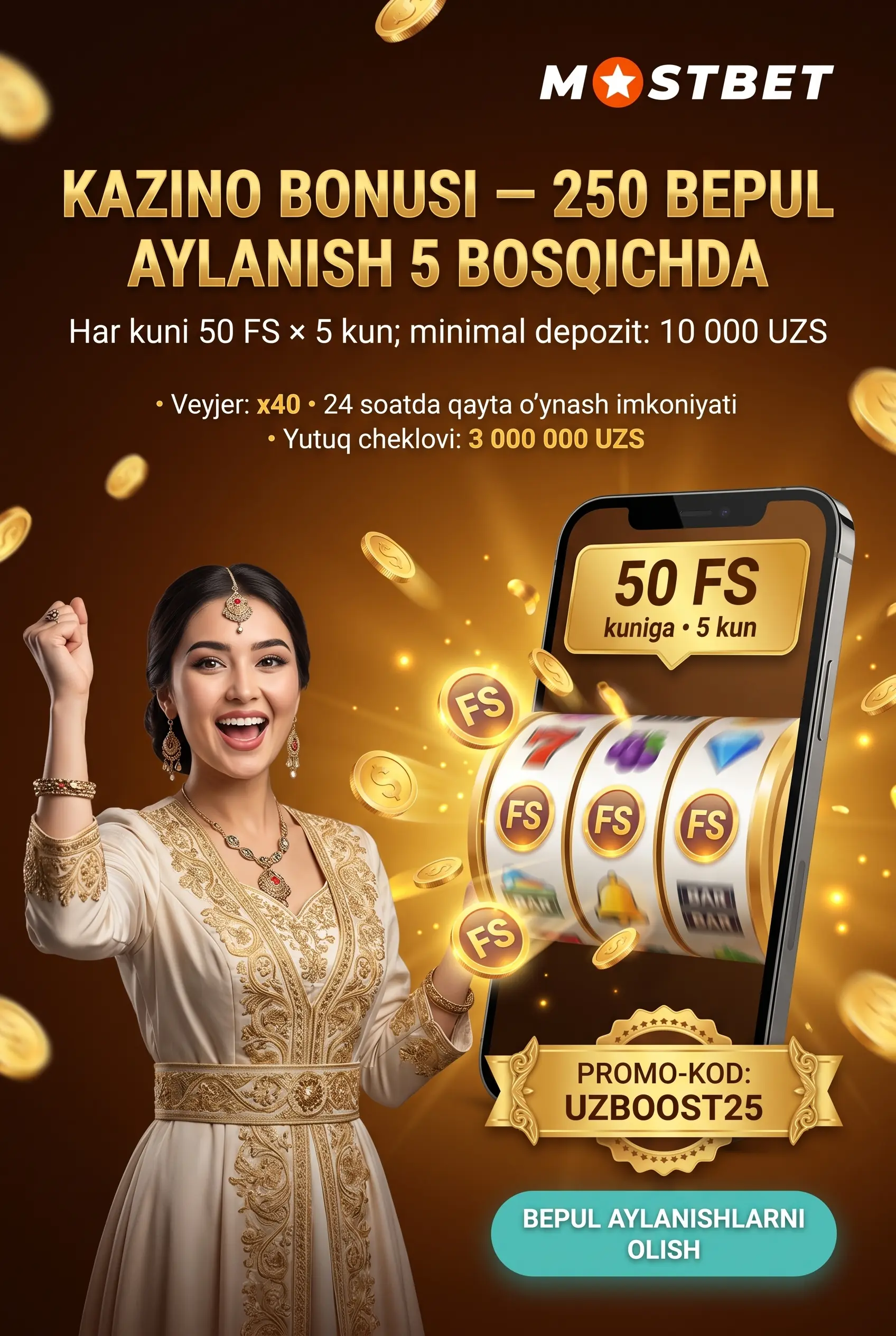 Kazino bonusi va 250 bepul aylanish